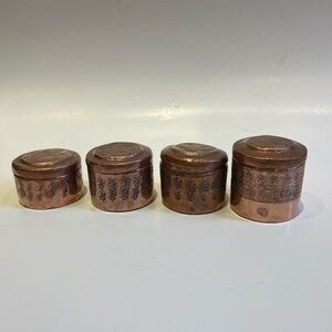 Set of 4 Small Lidded Copper Containers, Middle Eastern, Vintage